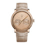 Luxury watch with beige strap and detailed face on a white background