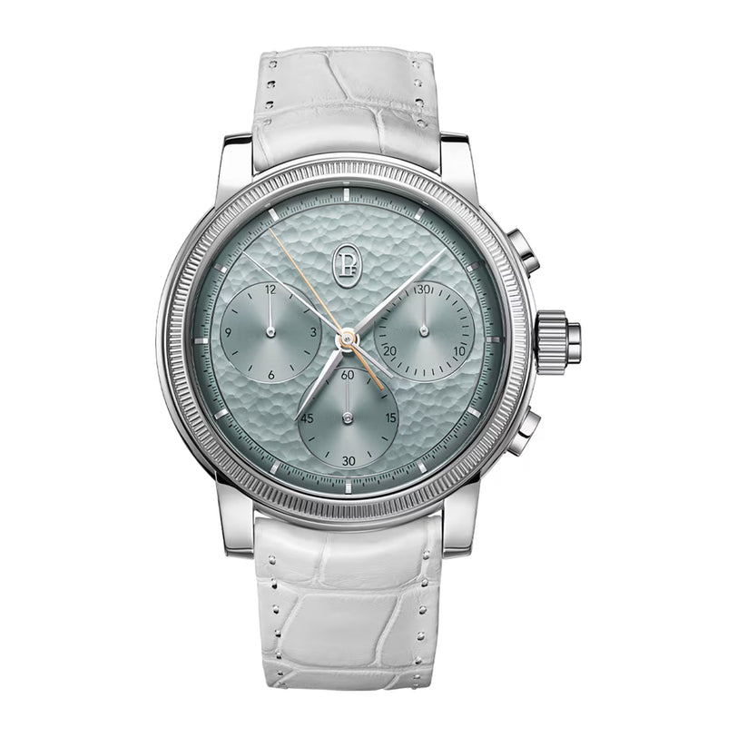 Silver watch with a detailed face on a white background