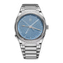 Silver watch with a blue face on a white background