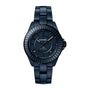 Chanel J12 Bleu Watch Caliber 12.1, 38 mm, features a black ceramic band and dial with silver hands and numerals.