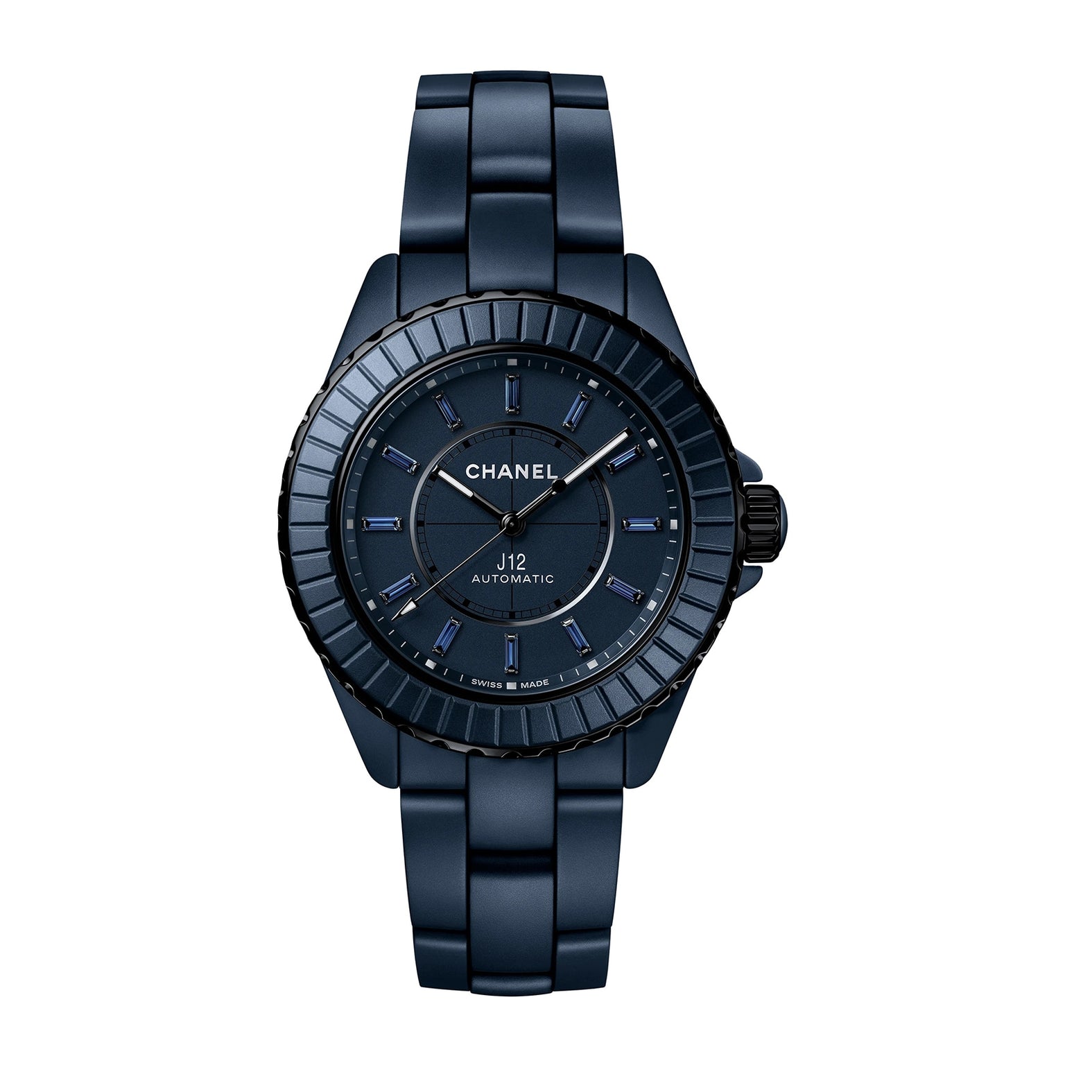 The Chanel J12 Bleu Watch Caliber 12.1 (38 mm) features a sleek black ceramic bracelet and minimalist blue accents.