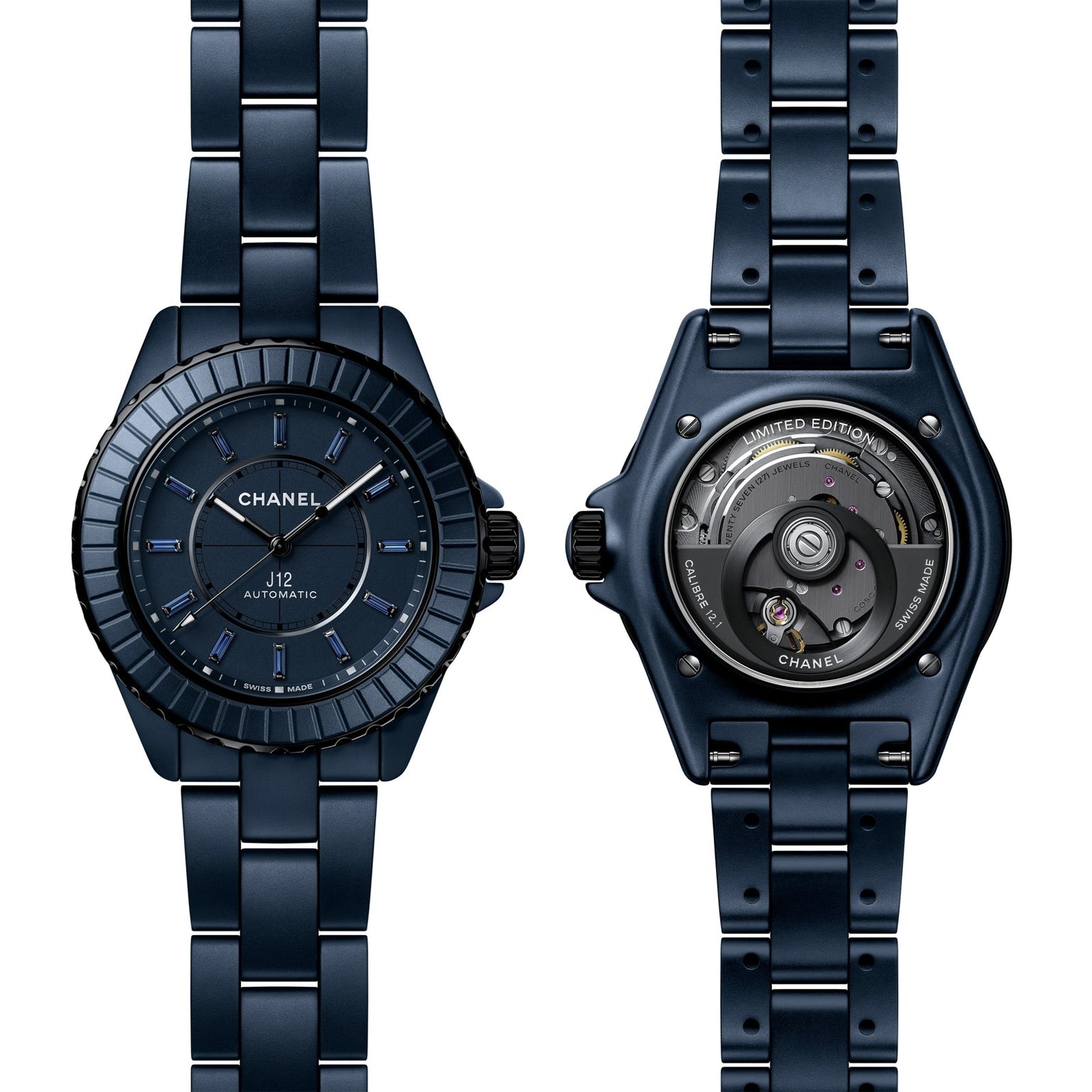 Front and back view of the Chanel J12 Bleu Watch Caliber 12.1, 38 mm, featuring a blue dial, automatic movement, metal strap, and Limited Edition label.