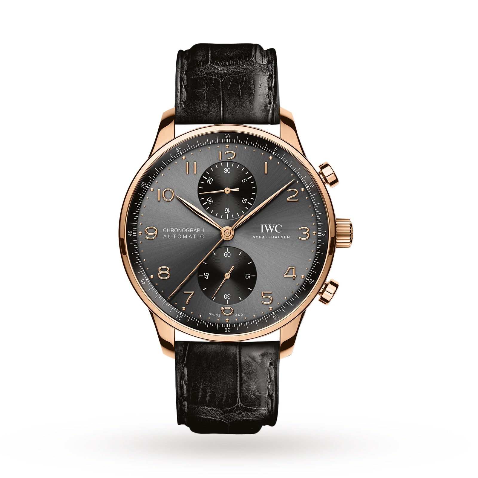 The IWC Schaffhausen Portugieser Chronograph features a gold case, gray dial with gold numerals, three subdials, and a black leather strap—captured on a white background and celebrated for its high-precision timekeeping.