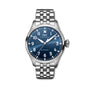 The IWC Schaffhausen Big Pilots Watch 43 features a stainless steel case, blue dial with white Arabic numerals, metal link bracelet, and displays 10:10—an elegant piece from the renowned Pilots Watches collection.