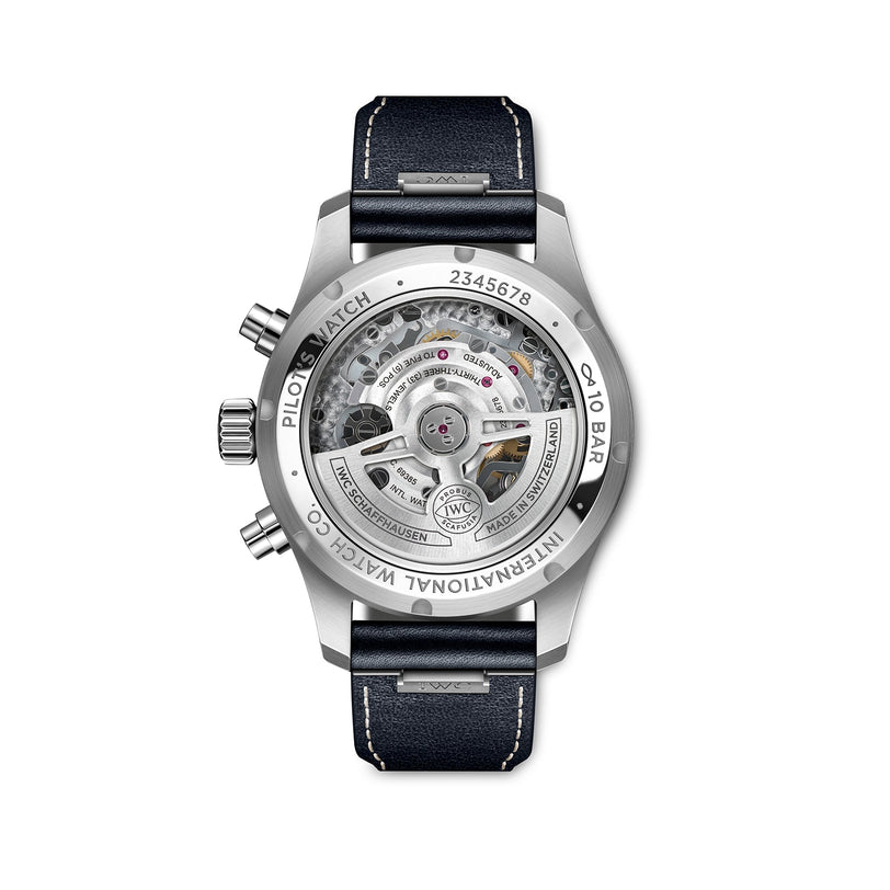 Rear view of the IWC Schaffhausen Pilots Watch Chronograph 41, featuring an exposed mechanical movement, black leather strap, engraved accents, and polished stainless steel case.