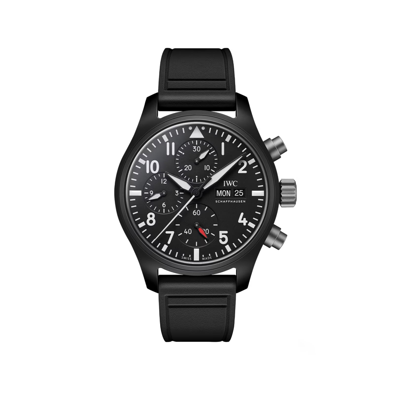Black chronograph watch with Arabic numerals, subdials, date window, and black rubber strap.