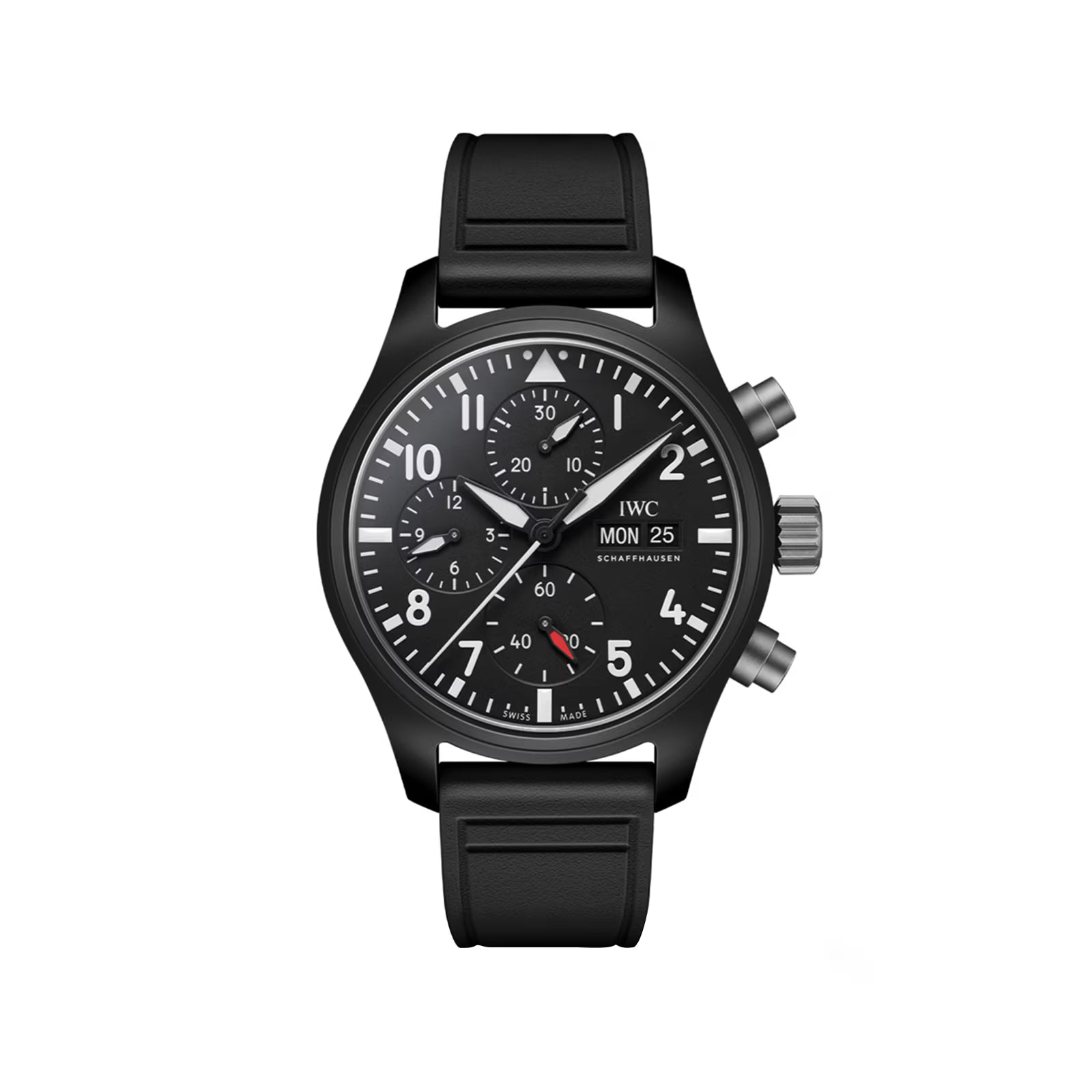 Black chronograph watch with Arabic numerals, subdials, date window, and black rubber strap.