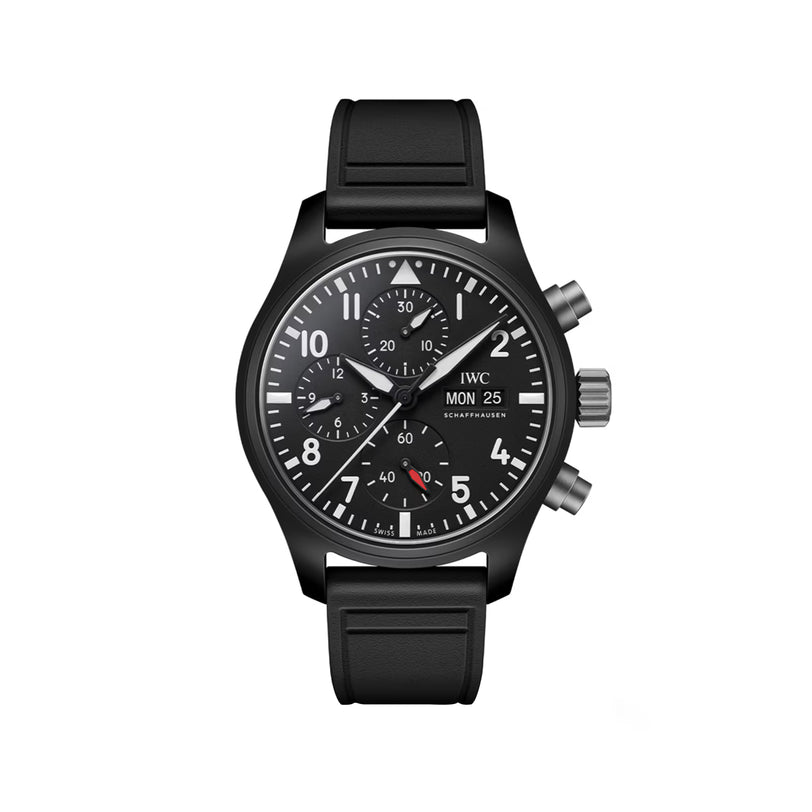Black chronograph watch with Arabic numerals, subdials, date window, and black rubber strap.