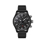 Black chronograph watch with Arabic numerals, subdials, date window, and black rubber strap.