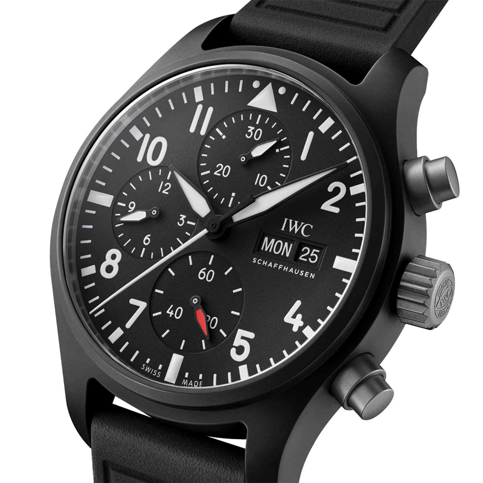 Black chronograph watch with dark dial, multiple subdials, white numerals and hands, red accent, and black rubber strap.