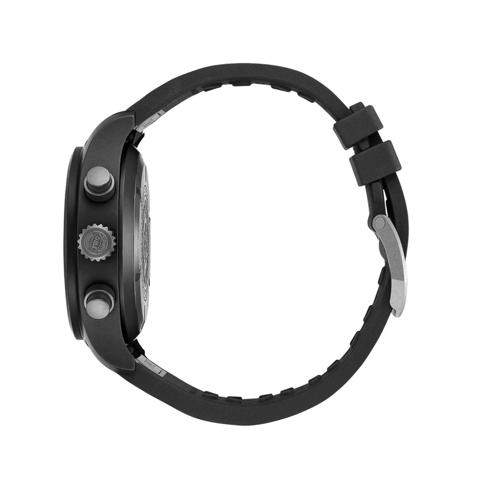 Black chronograph watch with round case, multiple subdials, and black rubber strap with gray accents.
