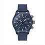 The IWC Schaffhausen Pilots Watch Chronograph 41 Top Gun Oceana, featuring a blue dial with three subdials, day-date display, silver pushers, and a textured blue strap, is shown against a white background.
