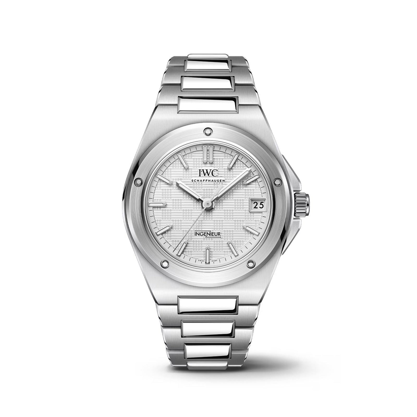 The IWC Schaffhausen Ingenieur Automatic 35 features a patterned dial, date window, and stainless steel bracelet, displayed on a white background.