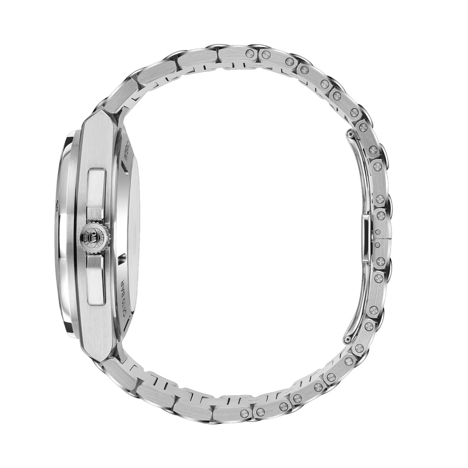 Side view of the IWC Schaffhausen Ingenieur Perpetual Calendar 41, featuring its sleek stainless steel band, visible crown, and thin profile—an elegant metal wristwatch that highlights signature design and refined clasp details.