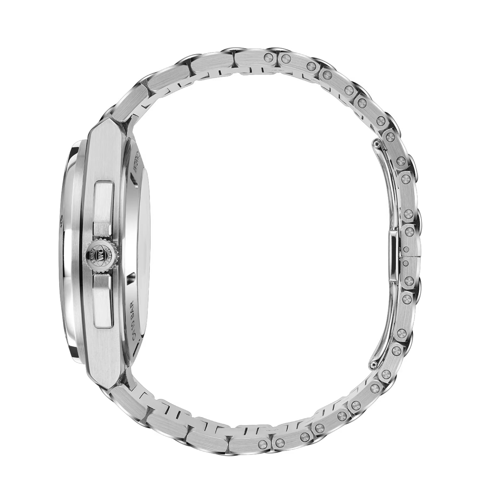 Side view of the IWC Schaffhausen Ingenieur Perpetual Calendar 41, featuring its sleek stainless steel band, visible crown, and thin profile—an elegant metal wristwatch that highlights signature design and refined clasp details.