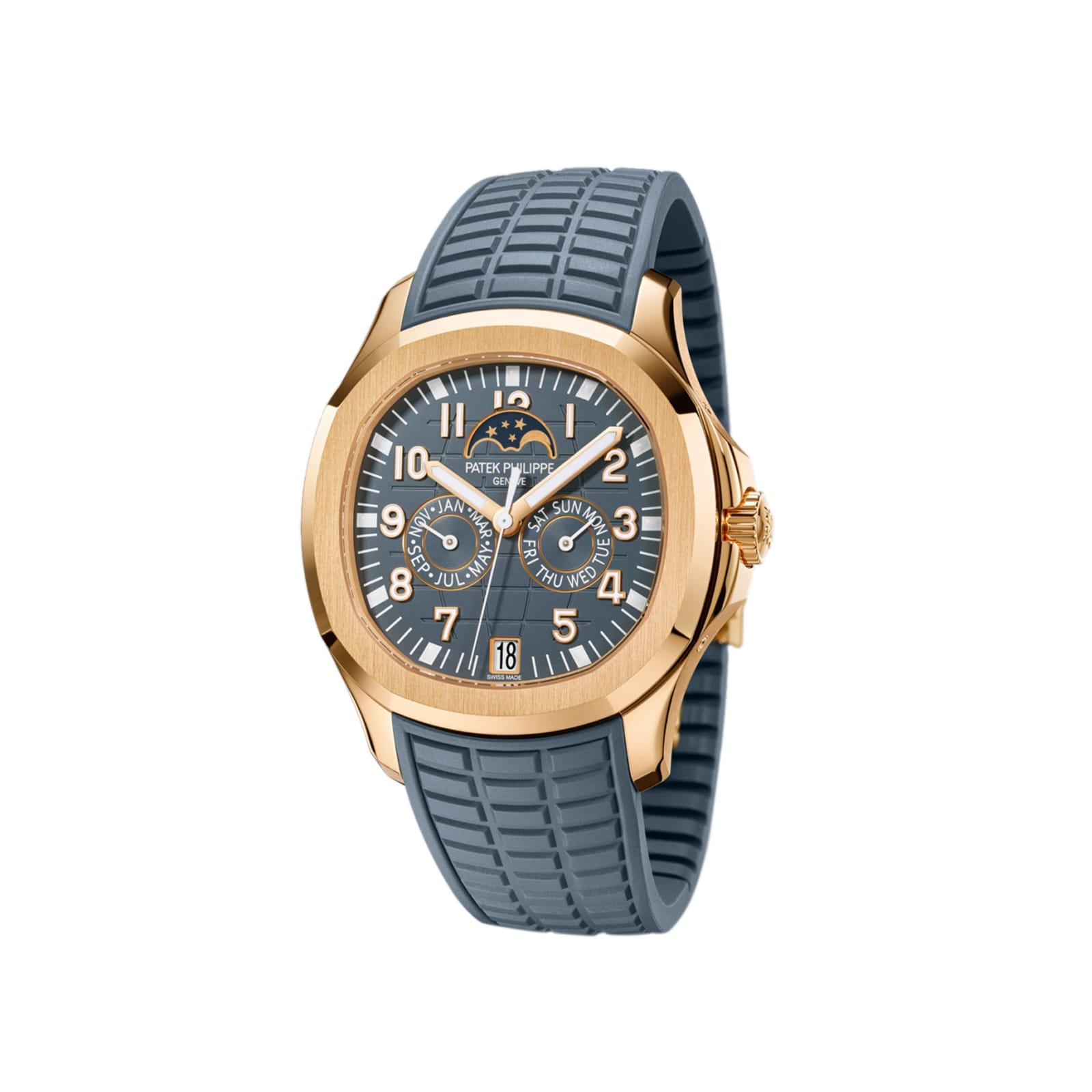 Patek Philippe Aquanaut 5261R-001 gold wristwatch featuring a blue dial with multiple subdials and a textured blue rubber strap.