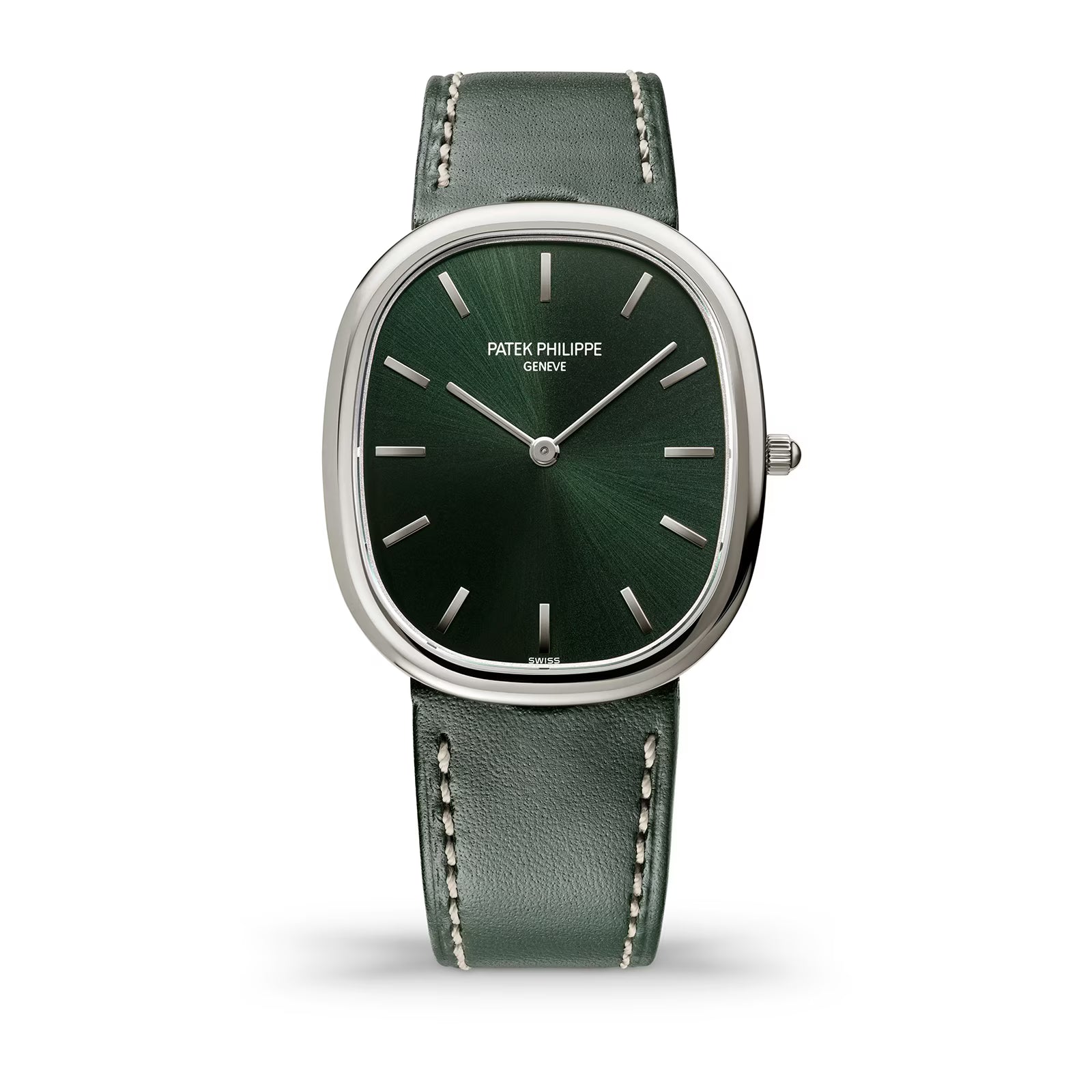 Patek Philippe watch with green face and leather strap on a white background