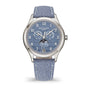 Patek Philippe watch with blue strap and face on a white background
