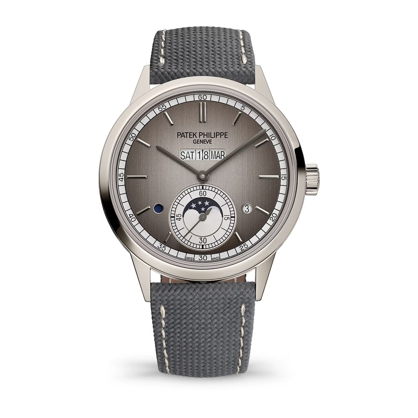 Patek Philippe watch with gray strap and detailed face on a white background