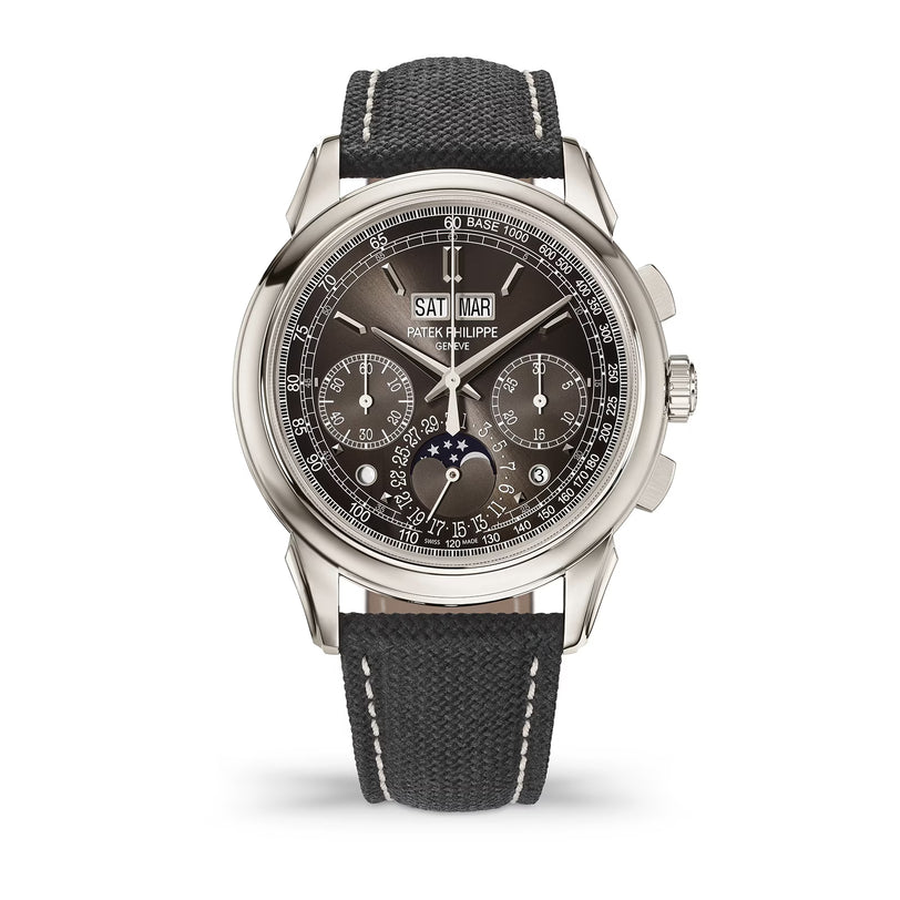 Luxury watch with black strap and detailed face on a white background