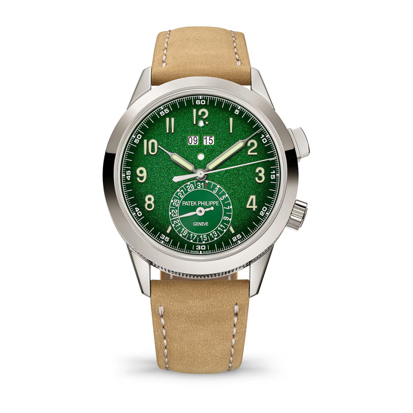 Watch with green dial and beige leather strap on a white background
