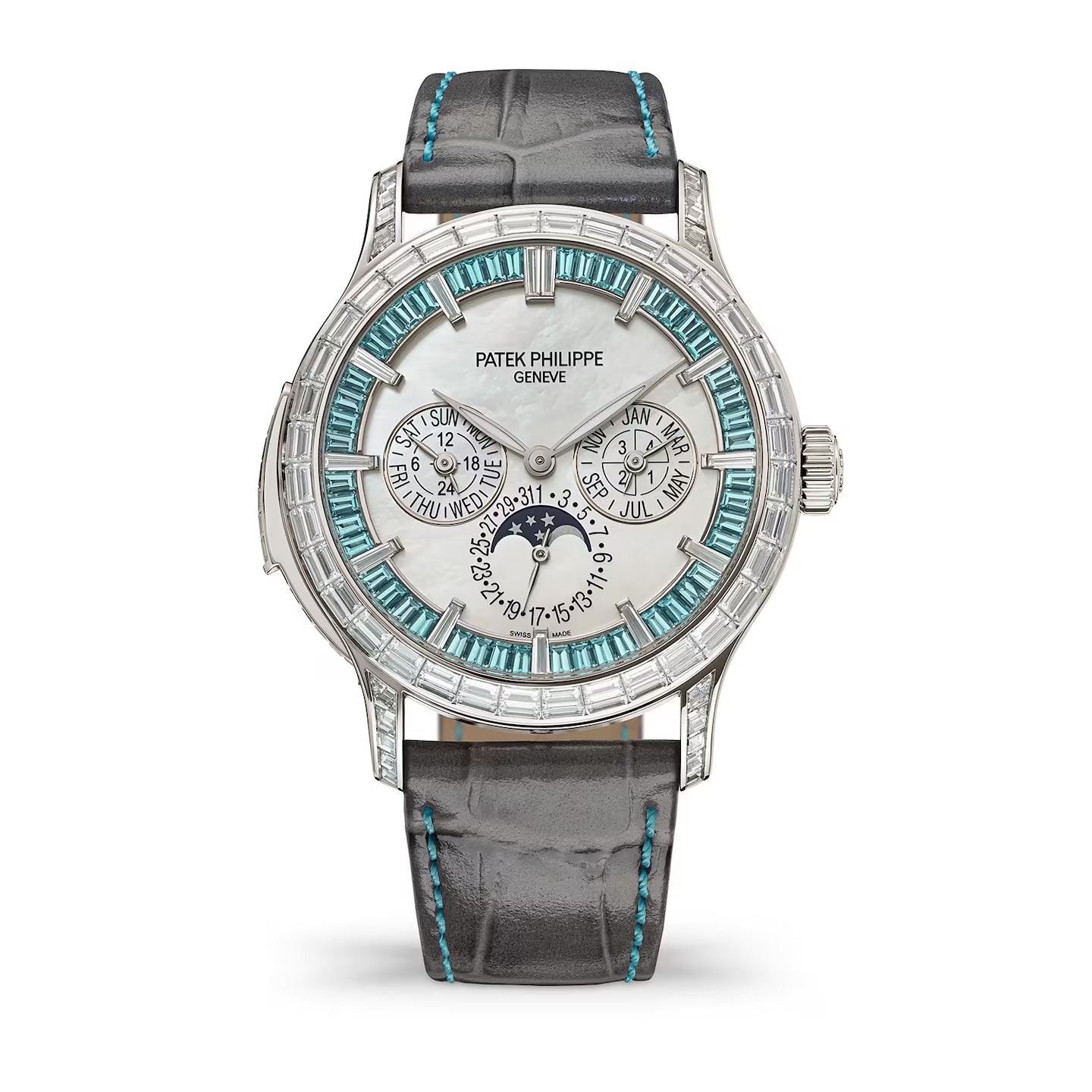Patek Philippe watch with a gray strap and turquoise accents on a white background