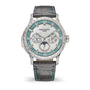 Patek Philippe watch with a gray strap and turquoise accents on a white background