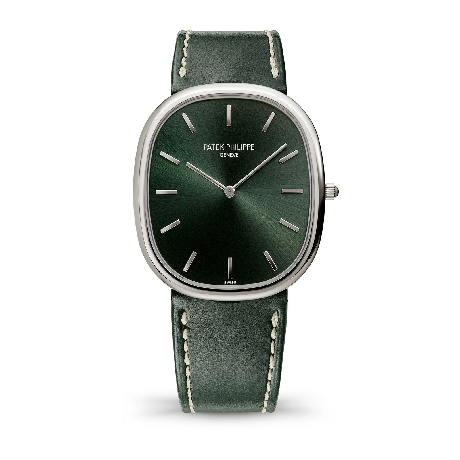 Patek Philippe watch with green face and leather strap on a white background