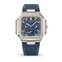 Patek Philippe watch with blue strap and face on a white background