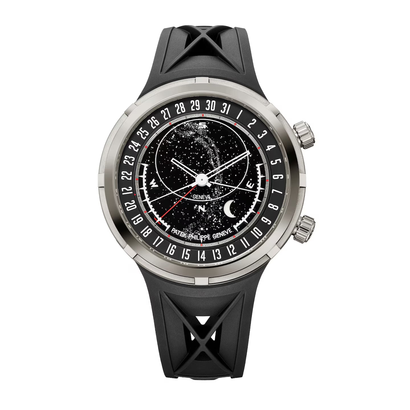 Black and silver watch with detailed face on a white background