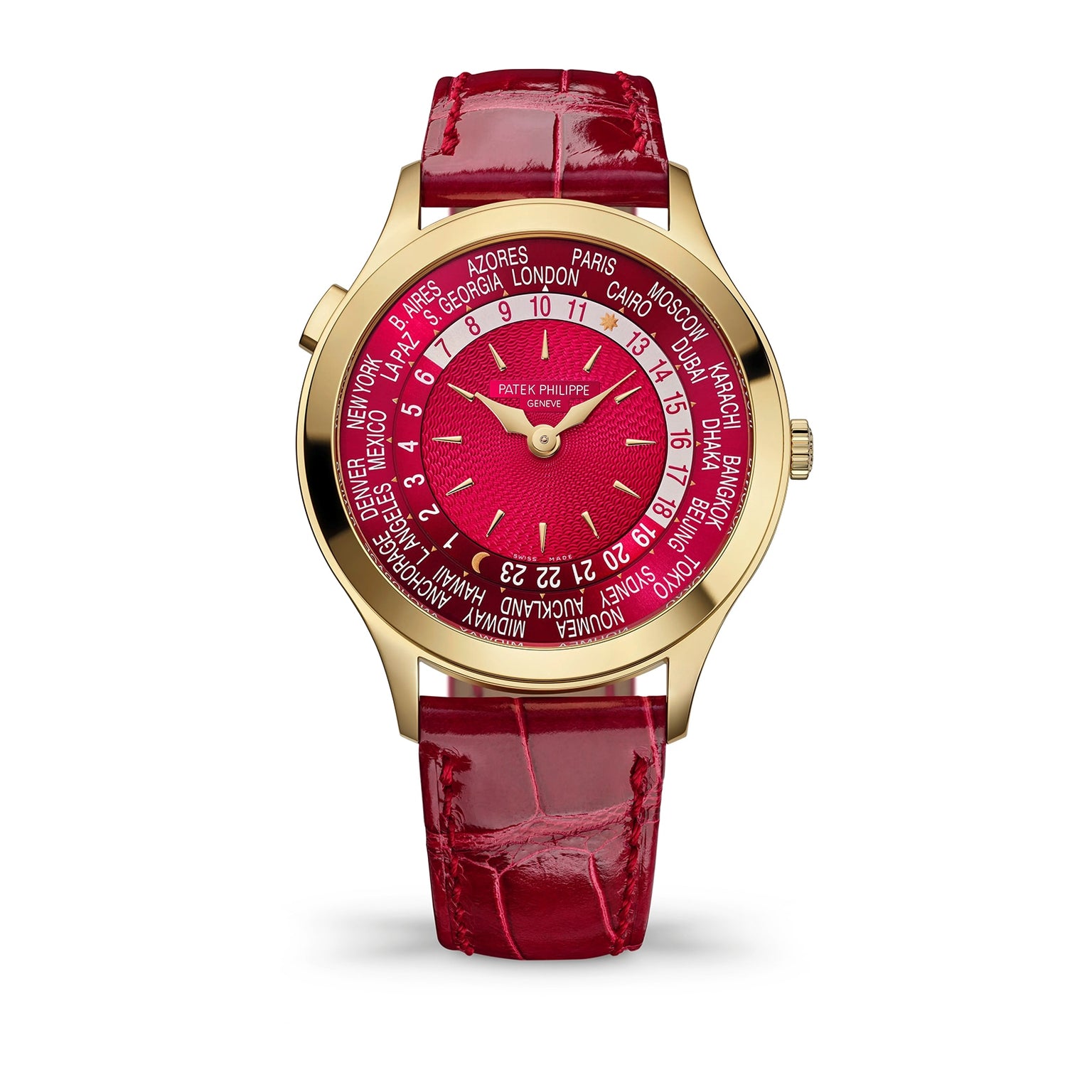 Watch with red strap and red face displaying city names on a white background