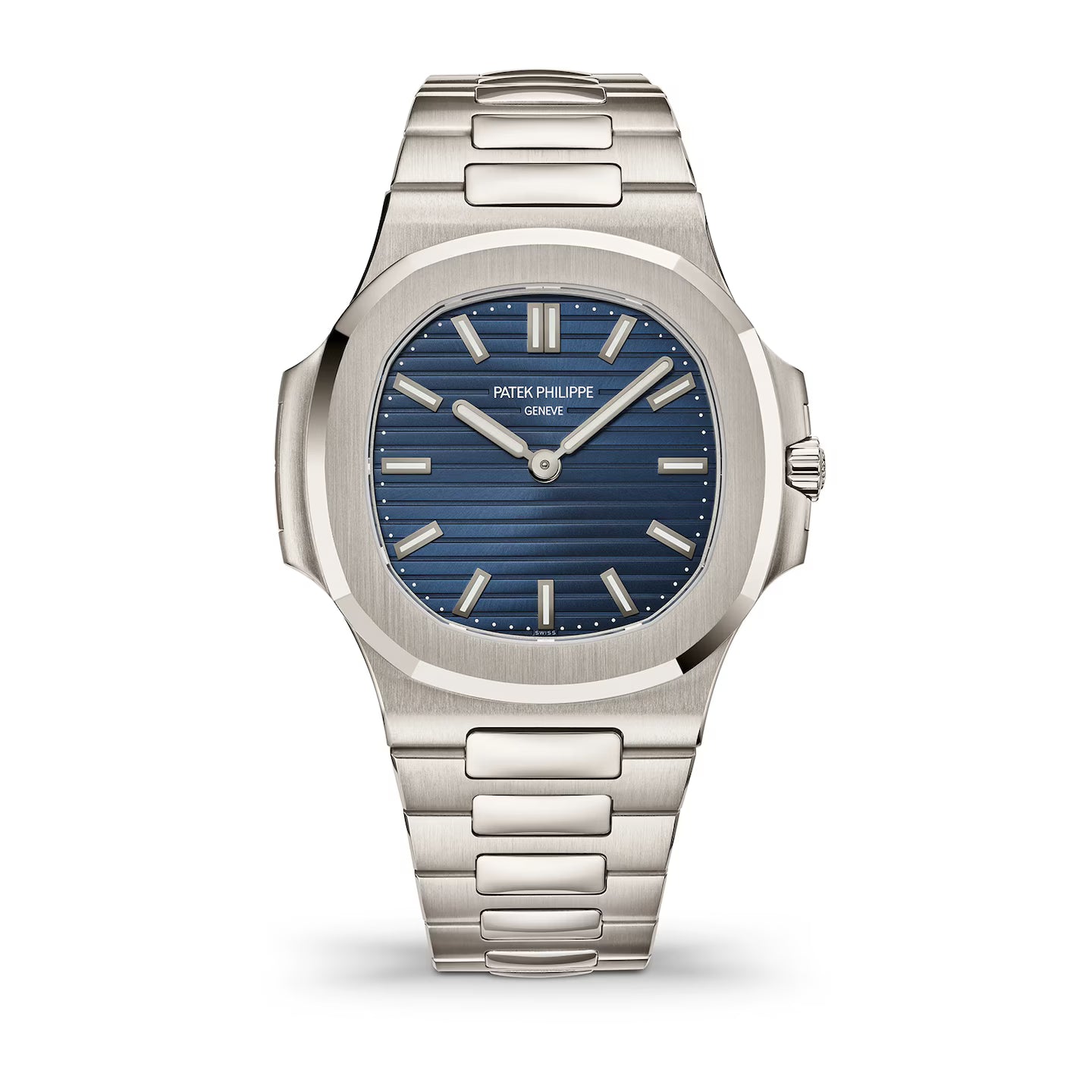 Silver Patek Philippe watch with blue dial on a white background