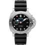 The Panerai Submersible features an automatic movement, black dial, silver case, black rubber strap, luminous markers, date window, second subdial, P.900 calibre, and a 3-day power reserve for lasting performance.