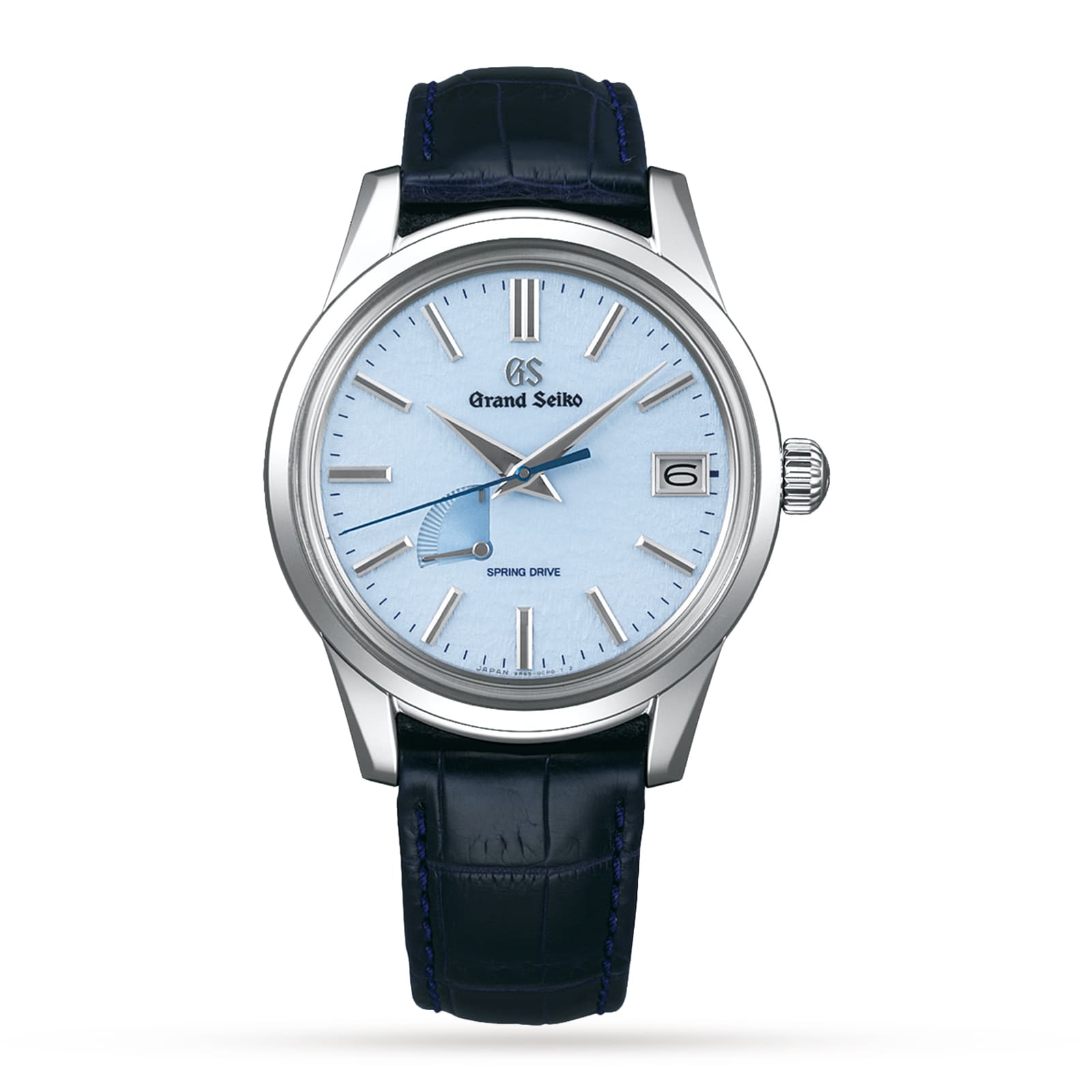 The Grand Seiko Spring Drive Elegance features a light blue dial, silver indices, stainless steel case, date at 3 oclock, and a black leather strap—an elegant choice for discerning collectors.