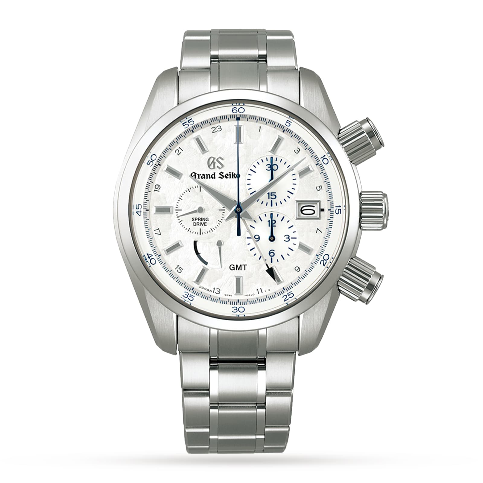 The Grand Seiko Spring Drive Chronograph Sport features a stainless steel case, white textured dial with three subdials, blue accents, a date window at 3 o’clock, and a metal link bracelet.