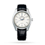A Grand Seiko Spring Drive Heritage watch featuring a silver textured dial, silver indices, black leather strap, and three central hands.