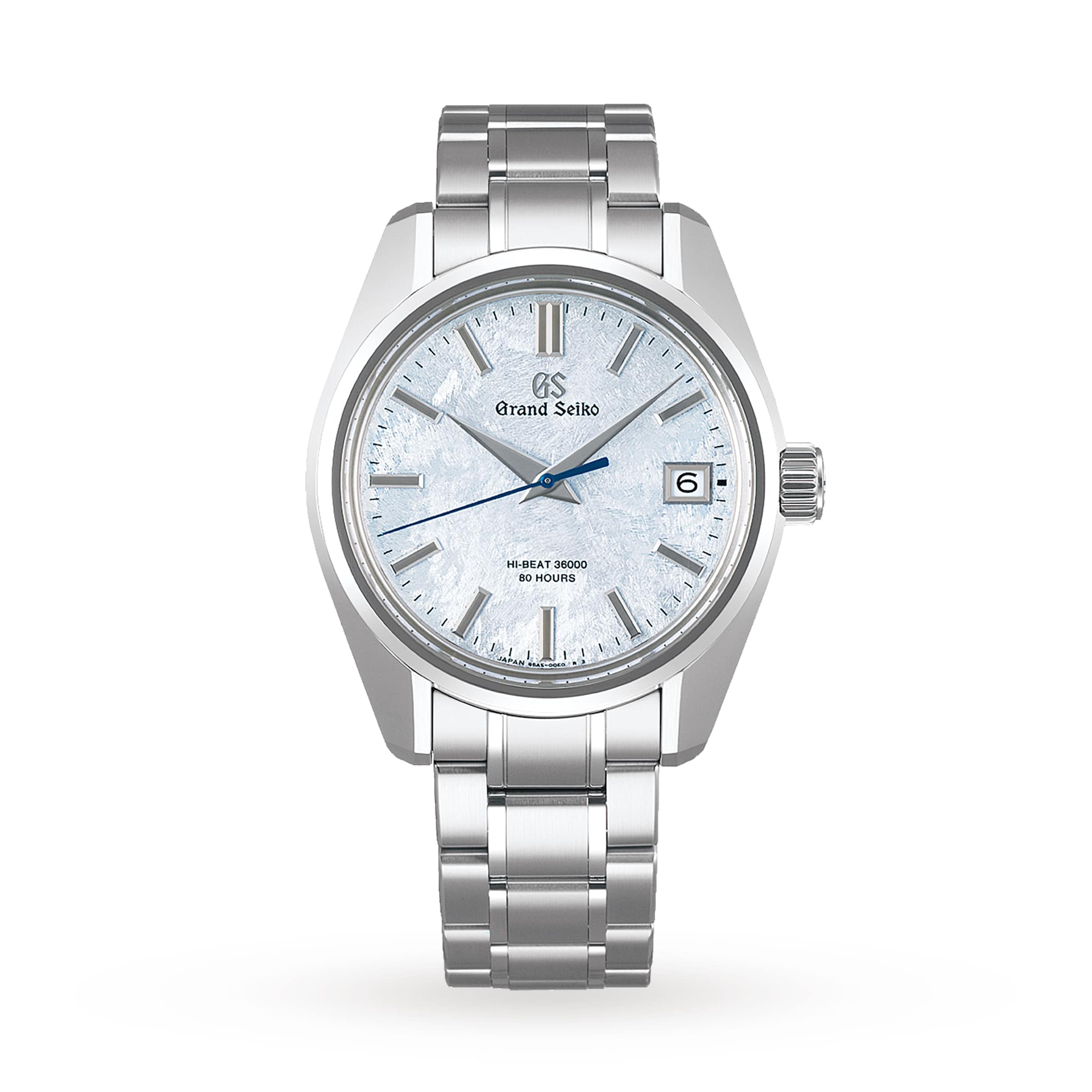 The Grand Seiko Hi-Beat Heritage wristwatch in Ever-Brilliant Steel features a silver textured dial, blue second hand, Hi-Beat 36000 movement, date window at 3 o’clock, and a metal link bracelet.