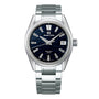 The Grand Seiko Spring Drive 5 Days Evolution 9 is a stainless steel watch featuring a blue textured dial and a date window at 3 o’clock.
