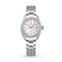 The Grand Seiko Ladies Automatic Elegance features a silver case, pink dial with diamond hour markers, and a metal bracelet.
