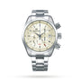 The Grand Seiko Spring Drive Chronograph Sport watch in stainless steel features a cream dial with three sub-dials, date window, and metal bracelet, showcased elegantly against a plain white background.