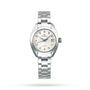 A Grand Seiko Ladies Automatic Elegance wristwatch in silver with a light textured dial and metal bracelet, shown on a white background.