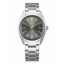 The Grand Seiko Manual Heritage wristwatch features a textured gray dial, silver hour markers, and a sleek metal bracelet, showcasing exquisite craftsmanship from the Heritage Collection.