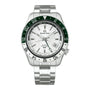 A Grand Seiko Hi-Beat GMT Sport watch in stainless steel with a white textured dial, green and white bezel, date display, and metal bracelet is shown on a white background.