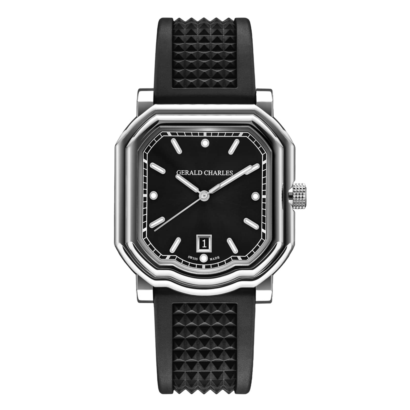 The Gerald Charles Maestro 2.0 Ultra-Thin is a luxury wristwatch featuring a square bezel in black and silver with a sleek black rubber strap.