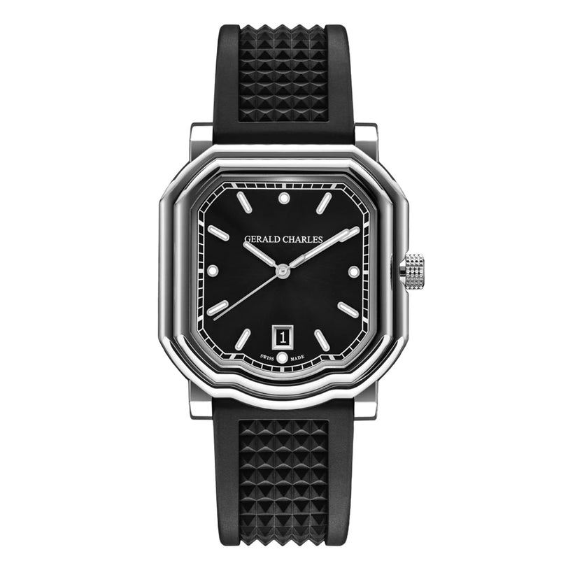 The Gerald Charles Maestro 2.0 Ultra-Thin is a luxury wristwatch featuring a square bezel in black and silver with a sleek black rubber strap.