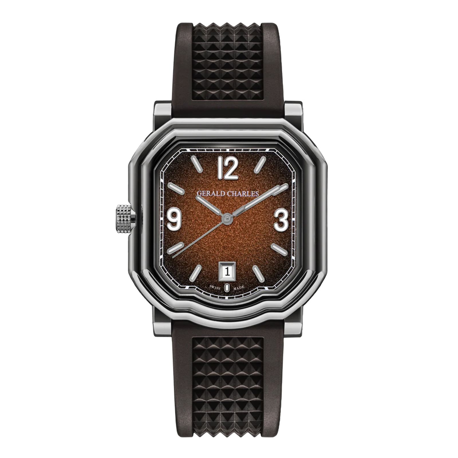 The Gerald Charles Maestro GC Sport features a textured brown dial, silver hands, black strap, and a date display at 6 o’clock.