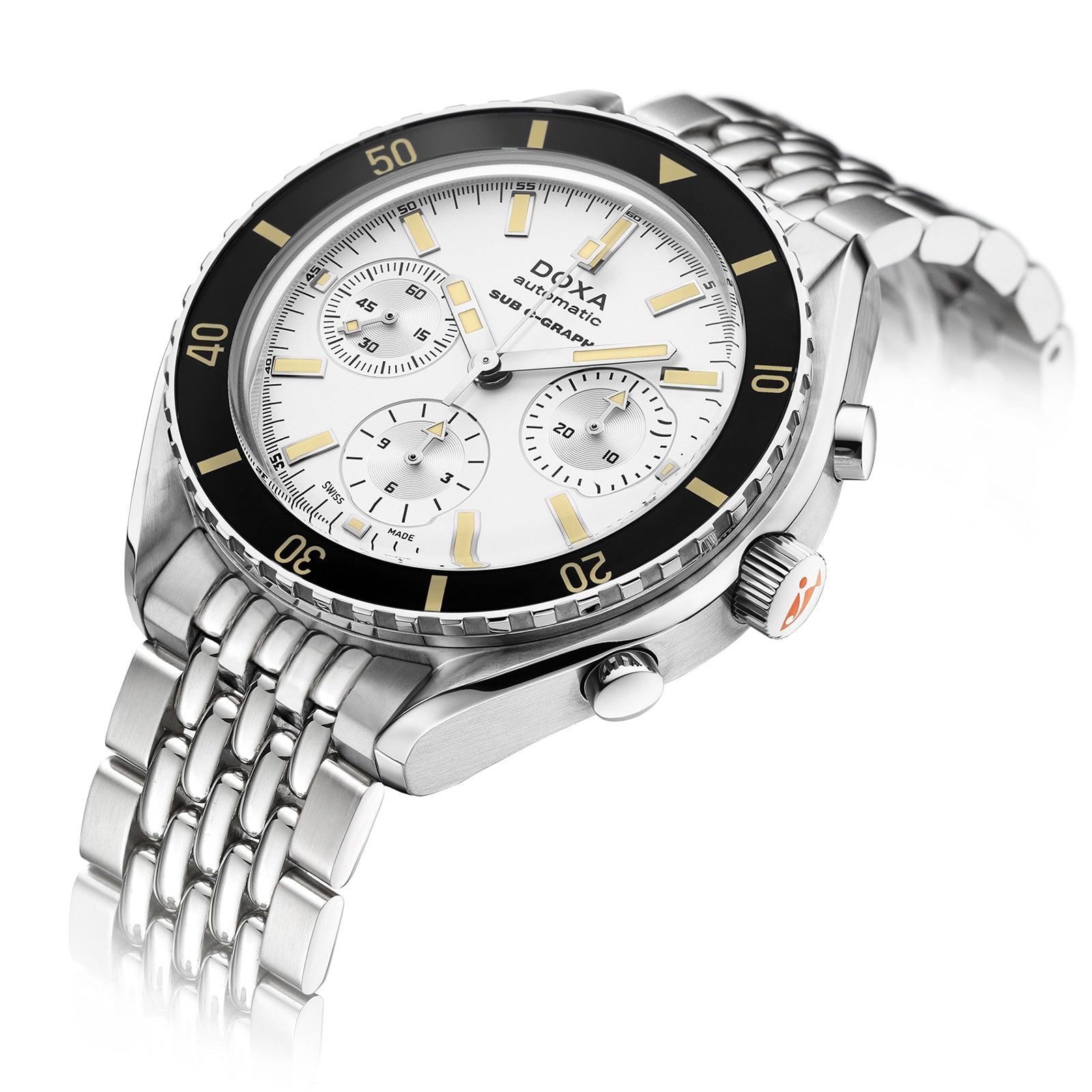 The DOXA Sub 200 C-Graph Searambler is a stainless steel chronograph diver’s watch with a white dial, black bezel, yellow accents, and a metal bracelet, shown on a white background.
