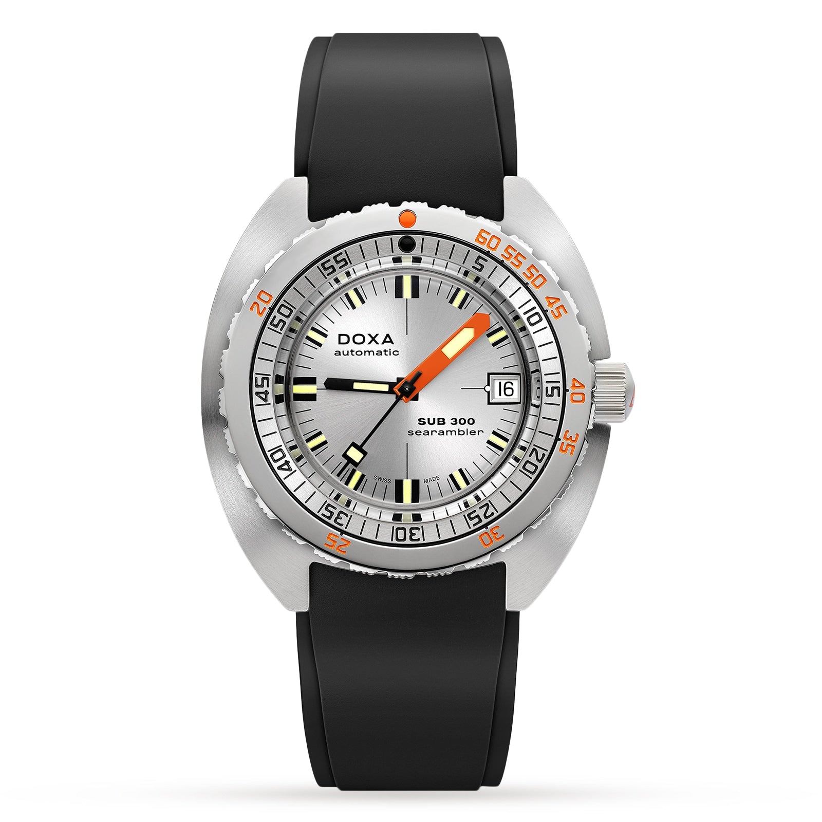 The DOXA Sub 300 Searambler diver’s watch features a silver case, white dial with black and orange accents, unidirectional bezel, black rubber strap, and a date window at 3 o’clock.