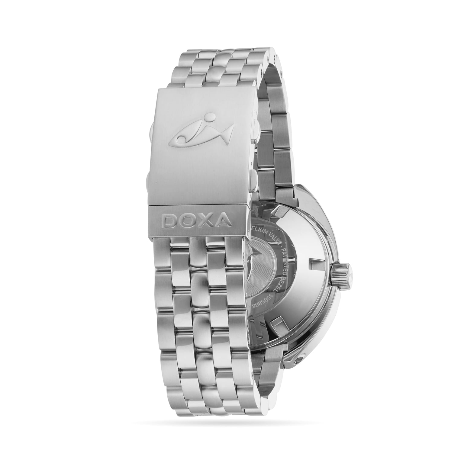 The DOXA Sub 1500T Professional is a stainless steel divers watch with a metal link bracelet, Doxa-logo clasp, partially open case back, and water resistance up to 1500 meters.