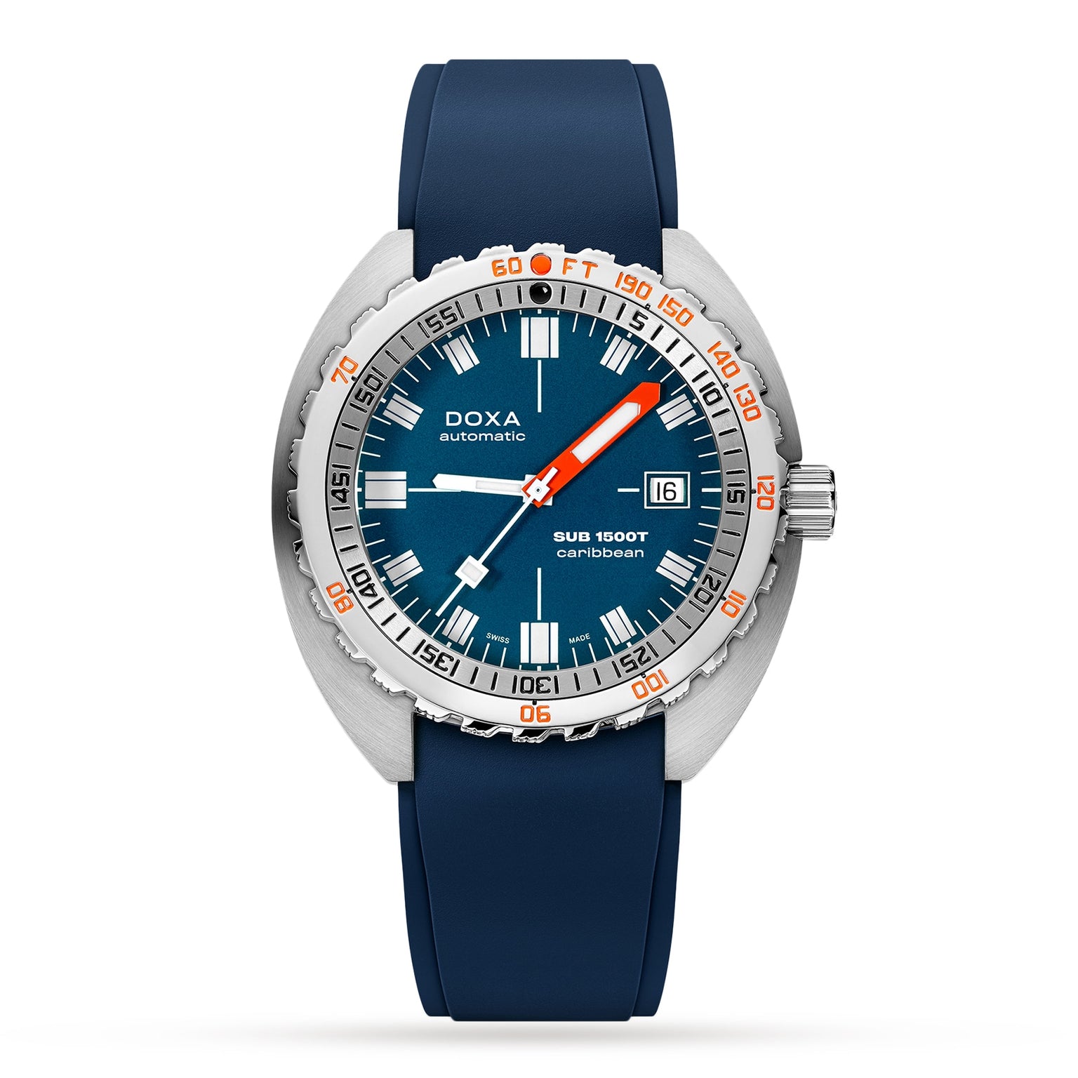 The DOXA Sub 1500T Caribbean automatic divers watch features a round blue face, orange accents, helium release valve, date at 3 oclock, and a matching blue rubber strap, displayed on a white background.